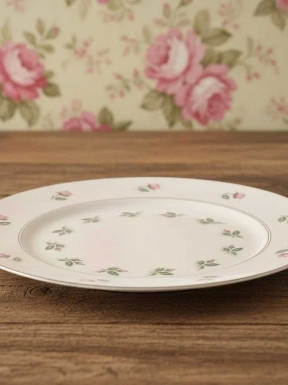 White Ceramic Plate with Pink Rose Motif